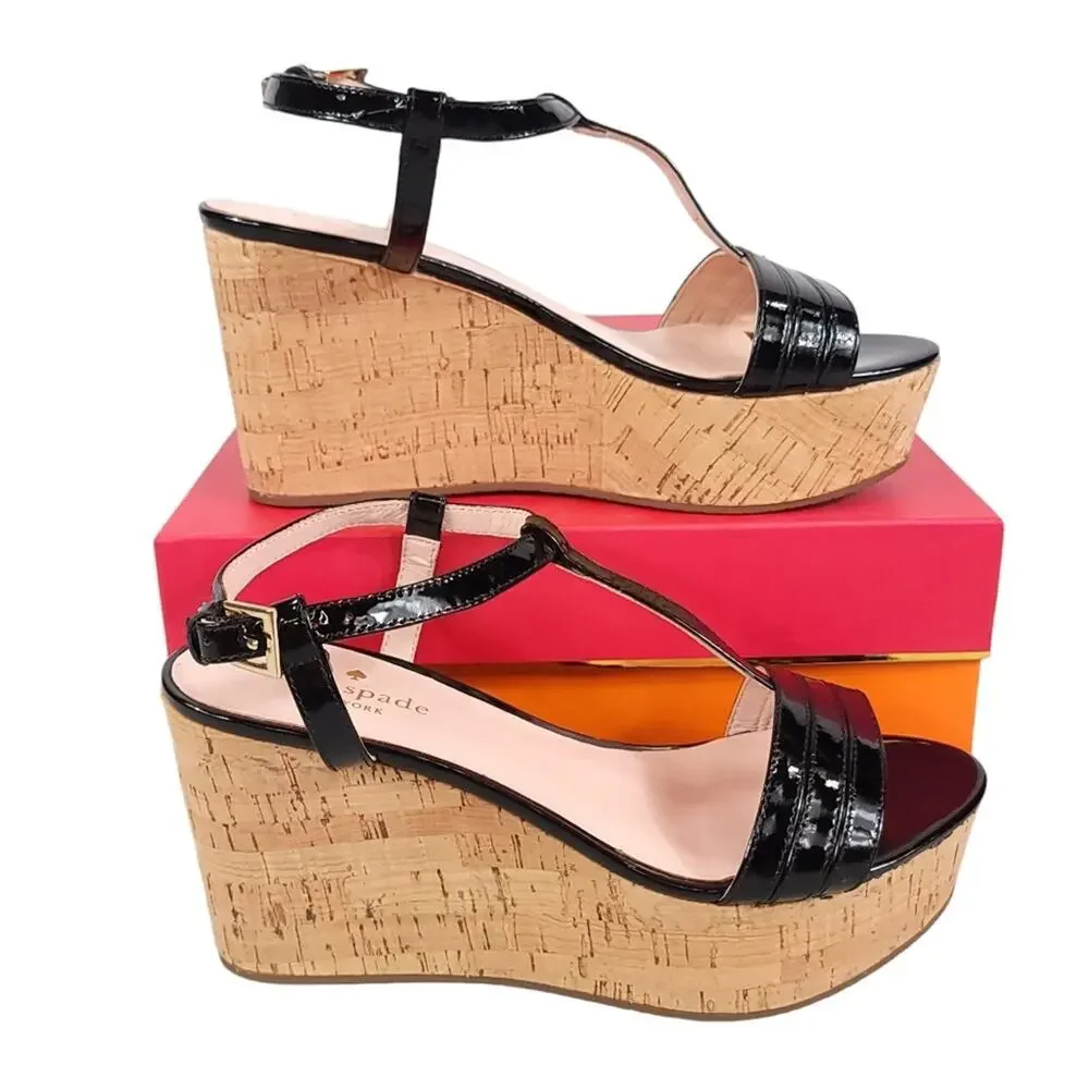 Kate Spade Tallin Cork Wedge Heel Sandals Black Patent Leather